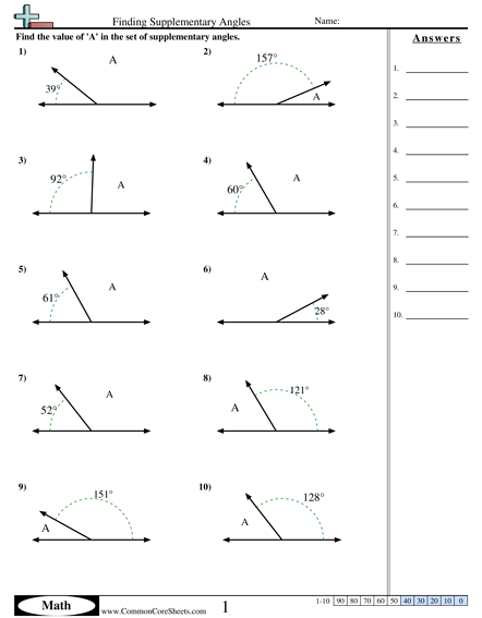 Angles Worksheets - Finding Supplementary Angles worksheet